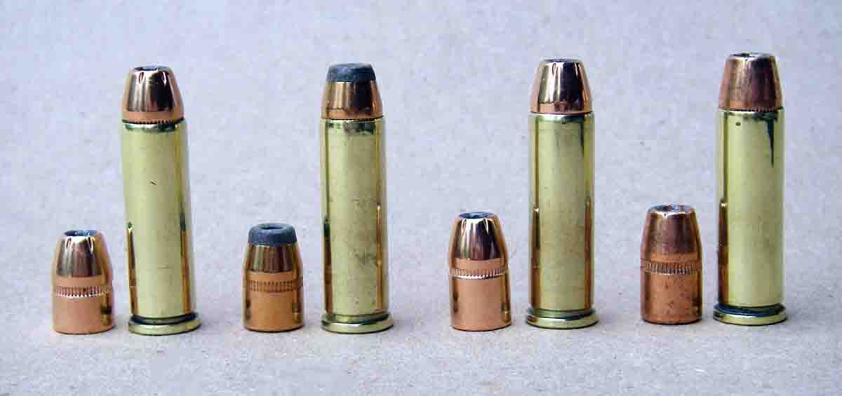 Jacketed bullets used include the (left to right): Hornady 85-grain XTP, Sierra 90 JHC, Hornady 100 XTP and Speer’s 100-grain Gold Dot HP.